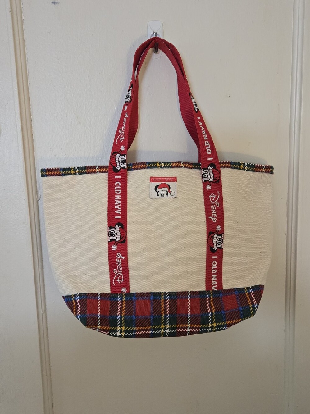 Old Navy Cream Canvas Tote with Red Disney Straps and Multicolor Plaid Trim
